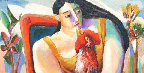 Mujer con gallo (Mujer y gallo) | Woman with Rooster (Woman and Rooster), 1941 oil on canvas | óleo sobre lienzo, 32✕26″冷. Nercys & Ramón Cernuda © Fundación Mariano Rodríguez